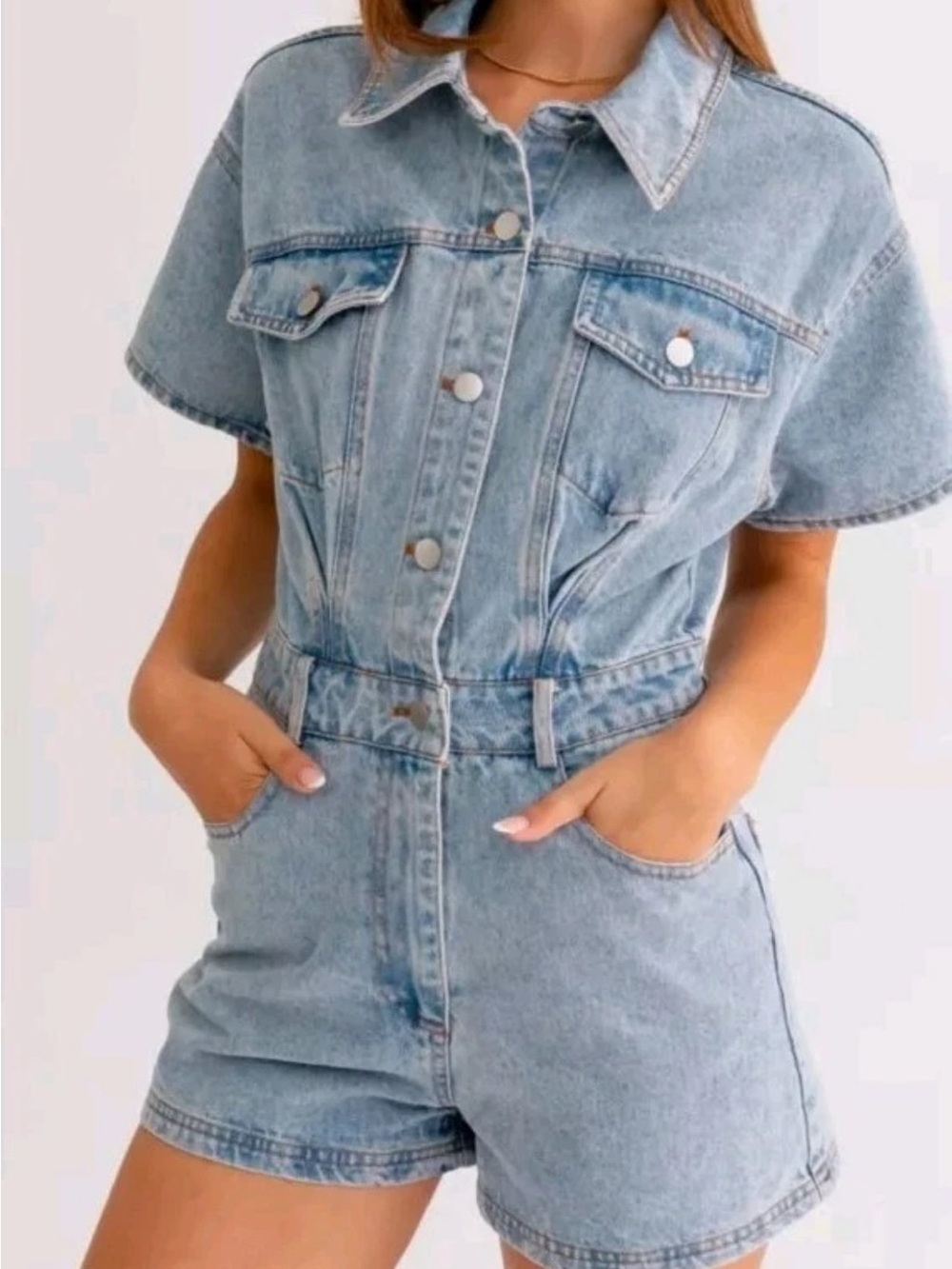 Le lís collection Light Wash Denim Short-Sleeve Romper